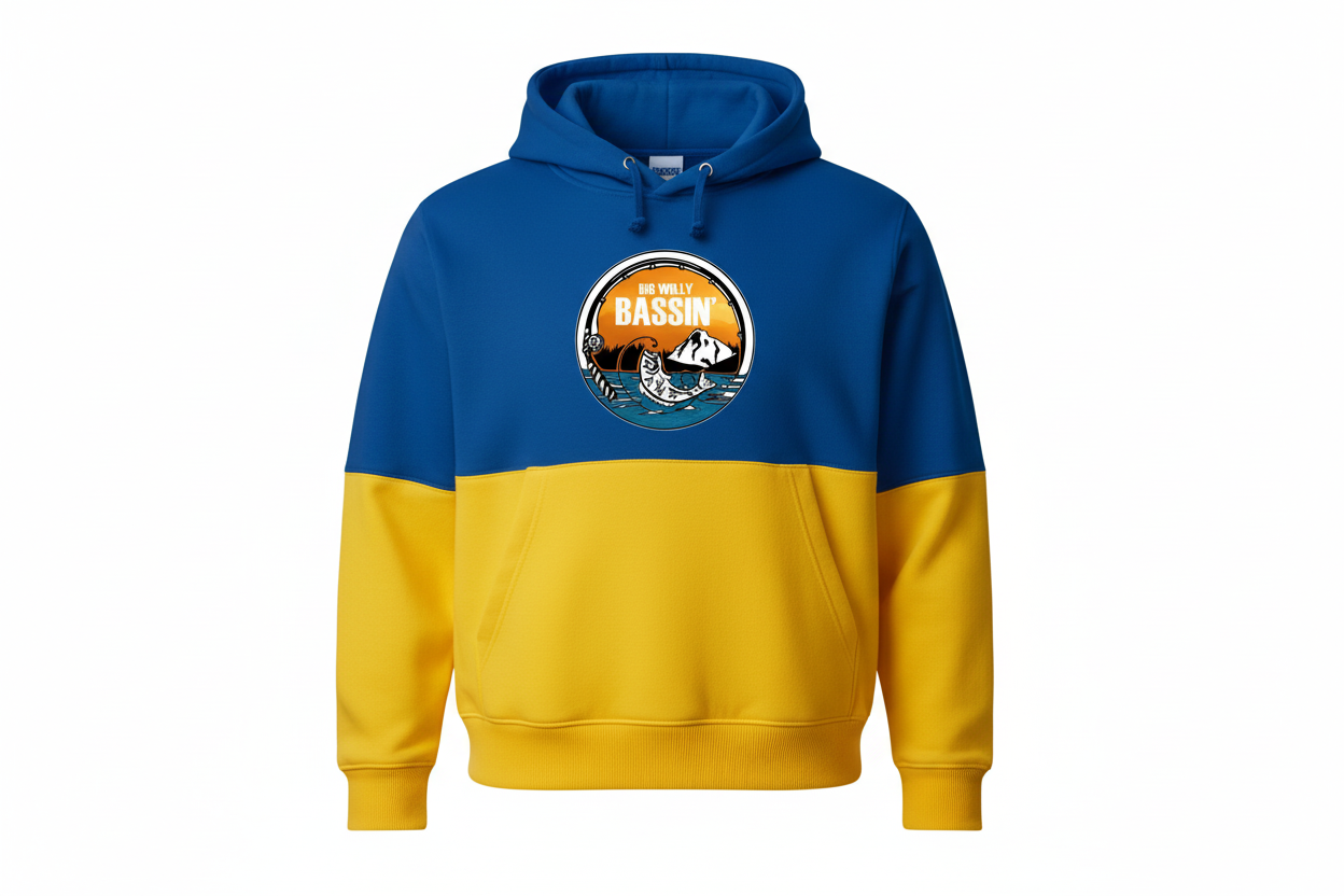 Big Willy Bassin' royal blue and yellow hoodie product shot