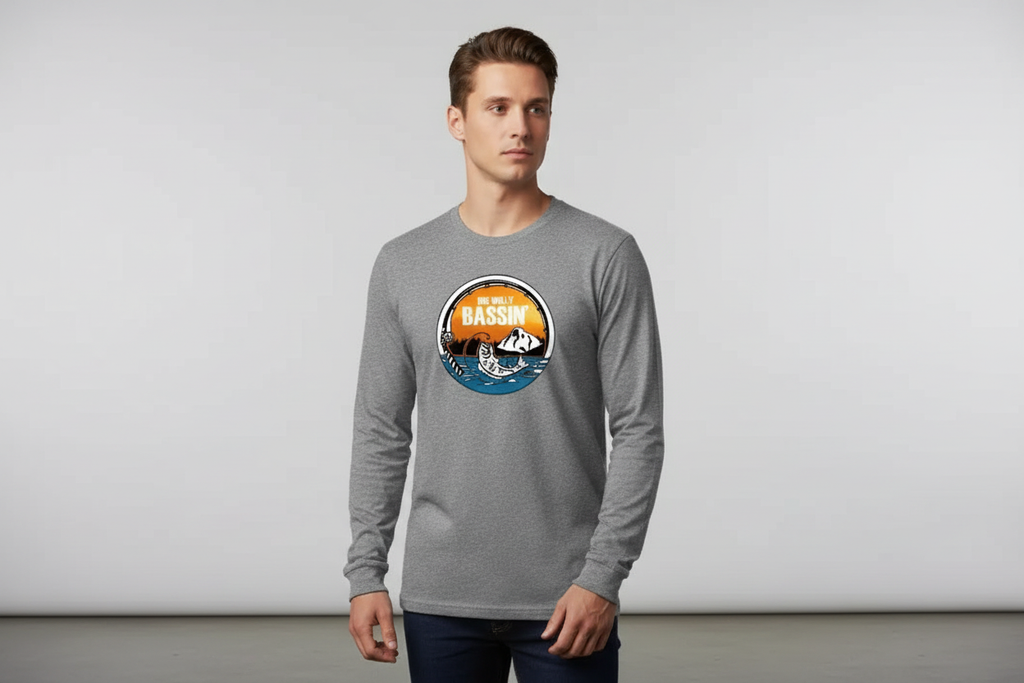 Male model wearing Big Willy Bassin' long sleeve shirt