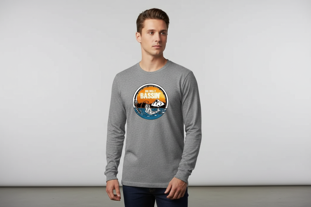 Male model wearing Big Willy Bassin' long sleeve shirt