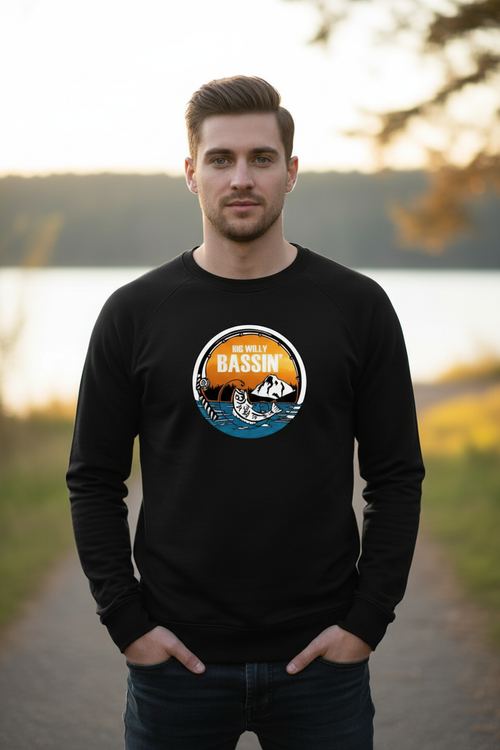 Model wearing black Bigwillybassin sweatshirt