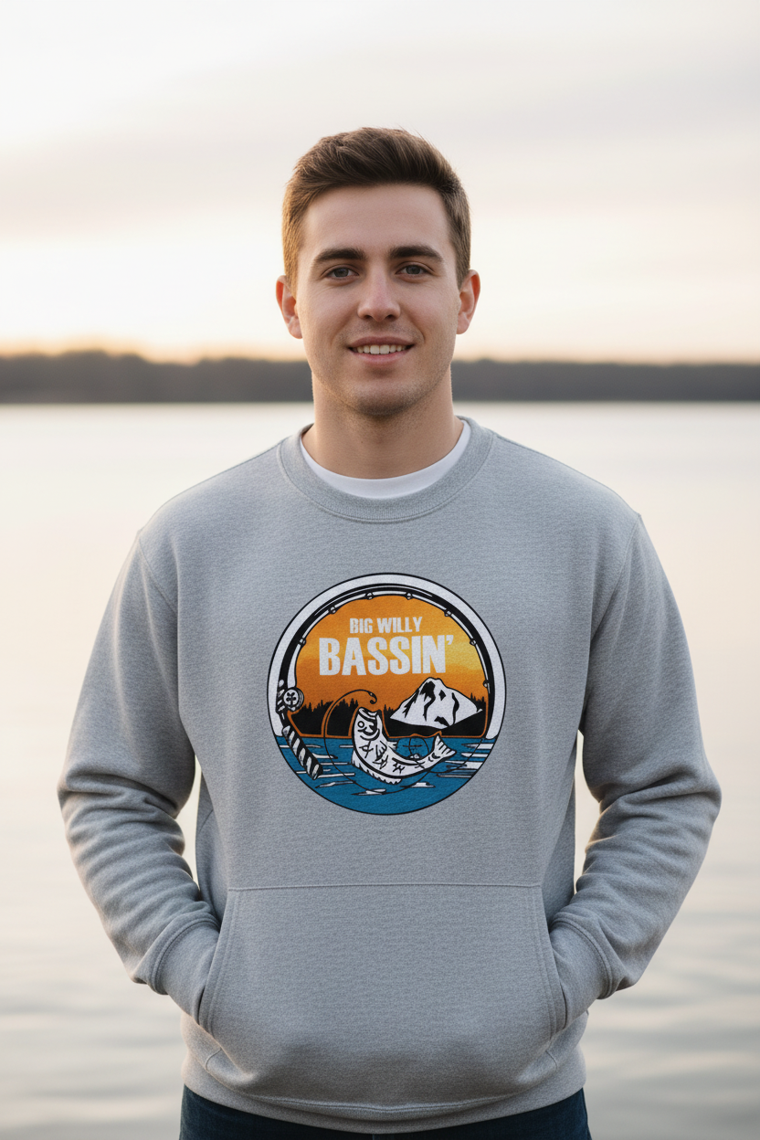 Model wearing grey Bigwillybassin sweatshirt